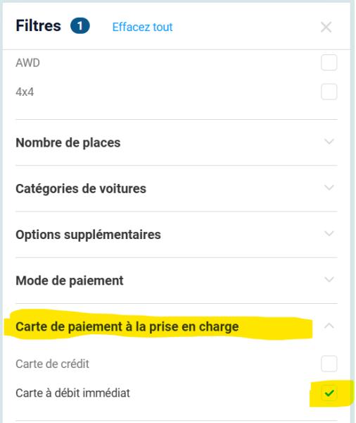 Dans la section "Carte de paiement à la prise en charge", cochez l'option "Carte à débit immédiat"