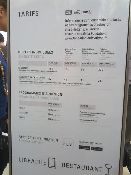 Prix des entrées au musée Louis Vuitton Prix des entrées au musée Louis Vuitton — Musée de la Fondation Louis-Vuitton (France)